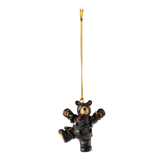 Black Bear Christmas Ornament "Hap" Wrapped in Lights by Jeff Fleming