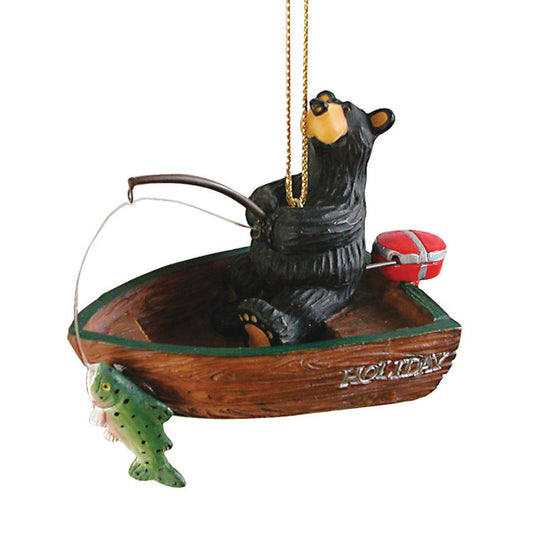 Black Bear fishing in boat by Jeff Fleming, Bearfoots Christmas Ornament