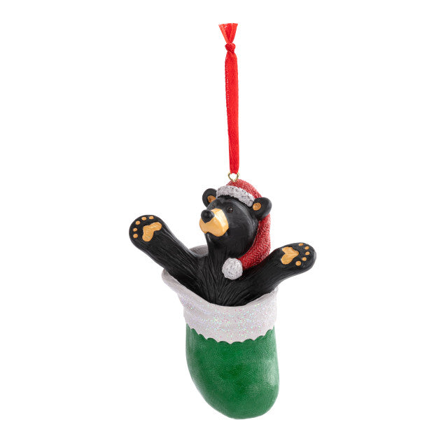 NEW Black Bear Inside "Green Stocking" Christmas Ornament Jeff Fleming Bearfoots