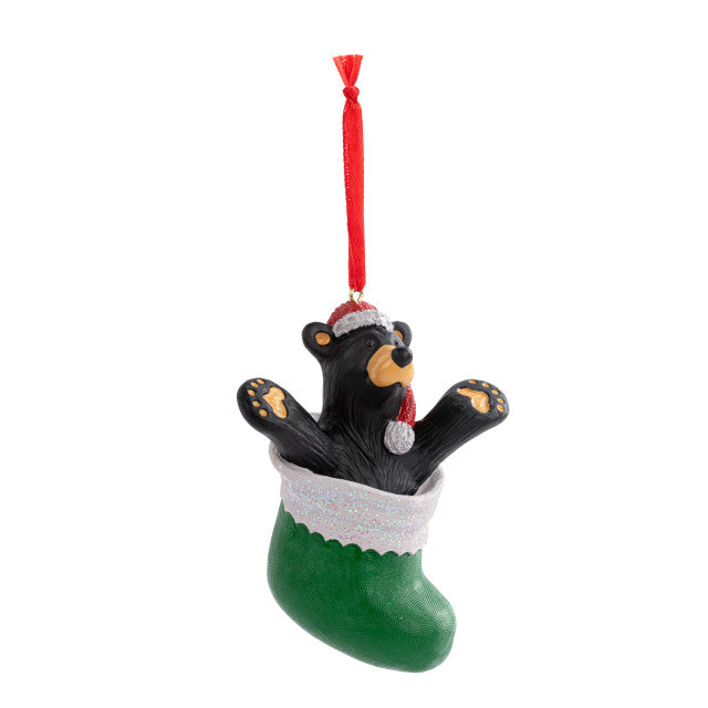 NEW Black Bear Inside "Green Stocking" Christmas Ornament Jeff Fleming Bearfoots