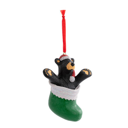 NEW Black Bear Inside "Green Stocking" Christmas Ornament Jeff Fleming Bearfoots