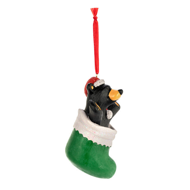 NEW Black Bear Inside "Green Stocking" Christmas Ornament Jeff Fleming Bearfoots