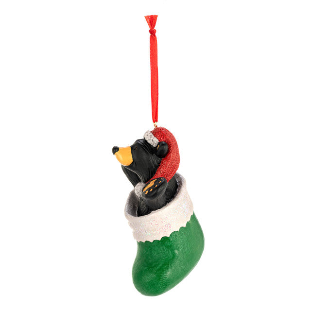 NEW Black Bear Inside "Green Stocking" Christmas Ornament Jeff Fleming Bearfoots
